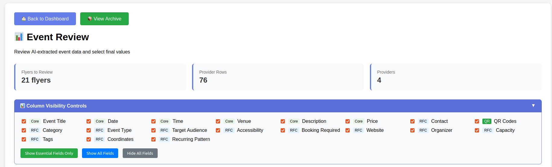 Event Review header and column controls